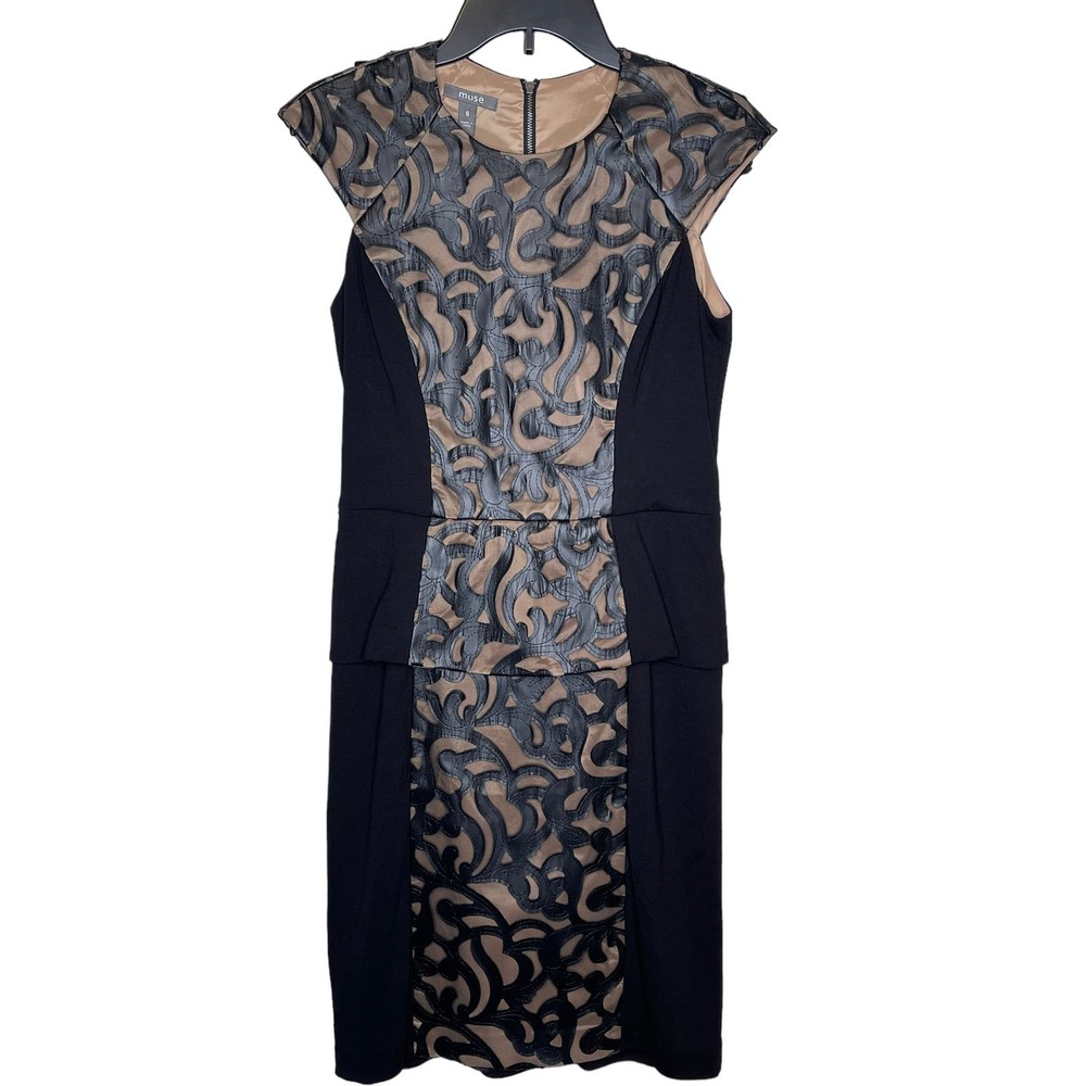 Muse Women's Dress Cocktail Peplum Leather Lace W/ Detachable Skirt Black Sz. 6